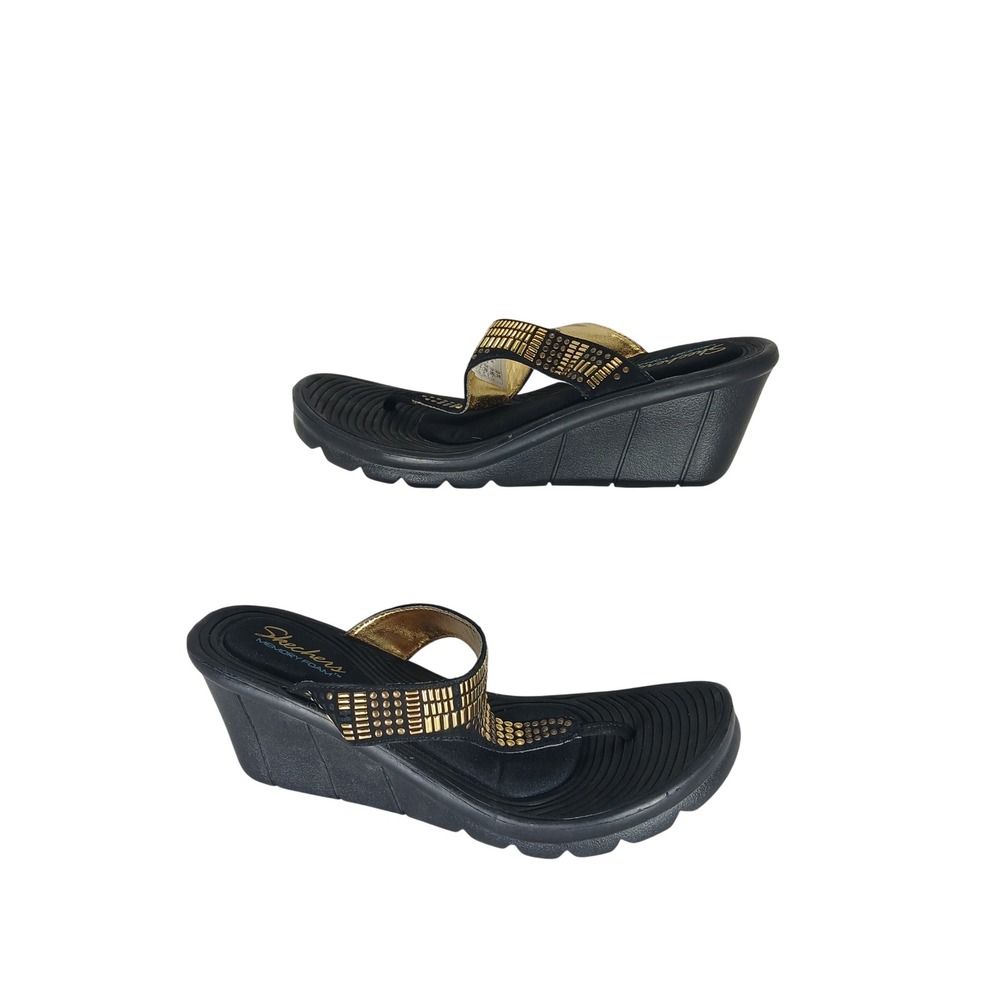 Skechers Wedge Sandals 9 Black Gold Studded Memory Foam Boho Glam 38441
